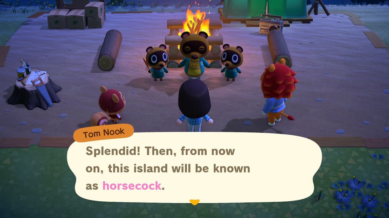 ![A screenshot of Tom Nook saying to the player, "Splendid! Then, from now on, this island will be known as *horsecock*.