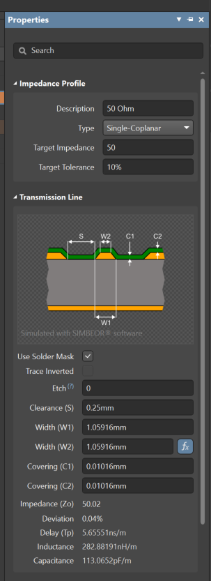 Computed parameters for co-planar feedline