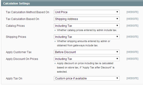 Tax calculation settings