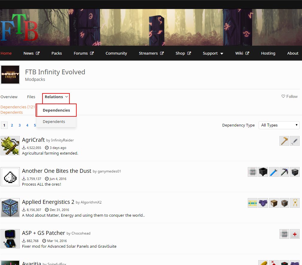FTB Infinity Evolved dependencies page.