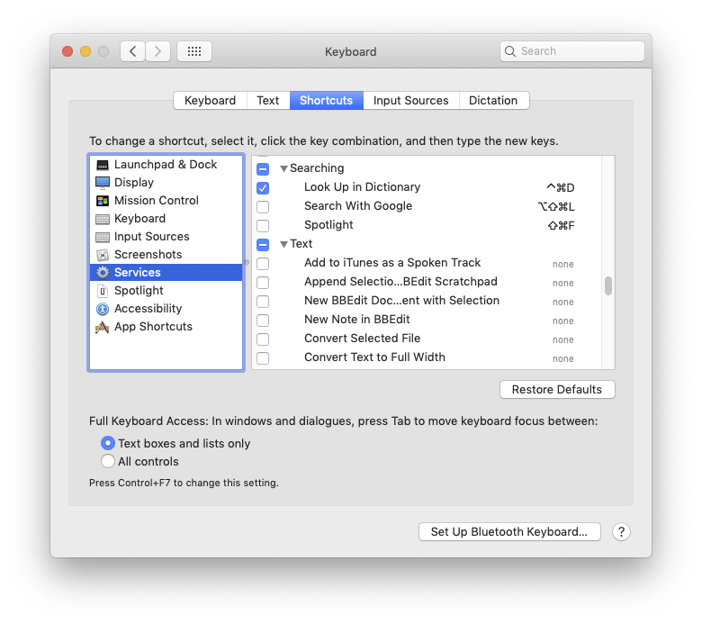 Keyboard settings in System Preferences displaying the shortcut