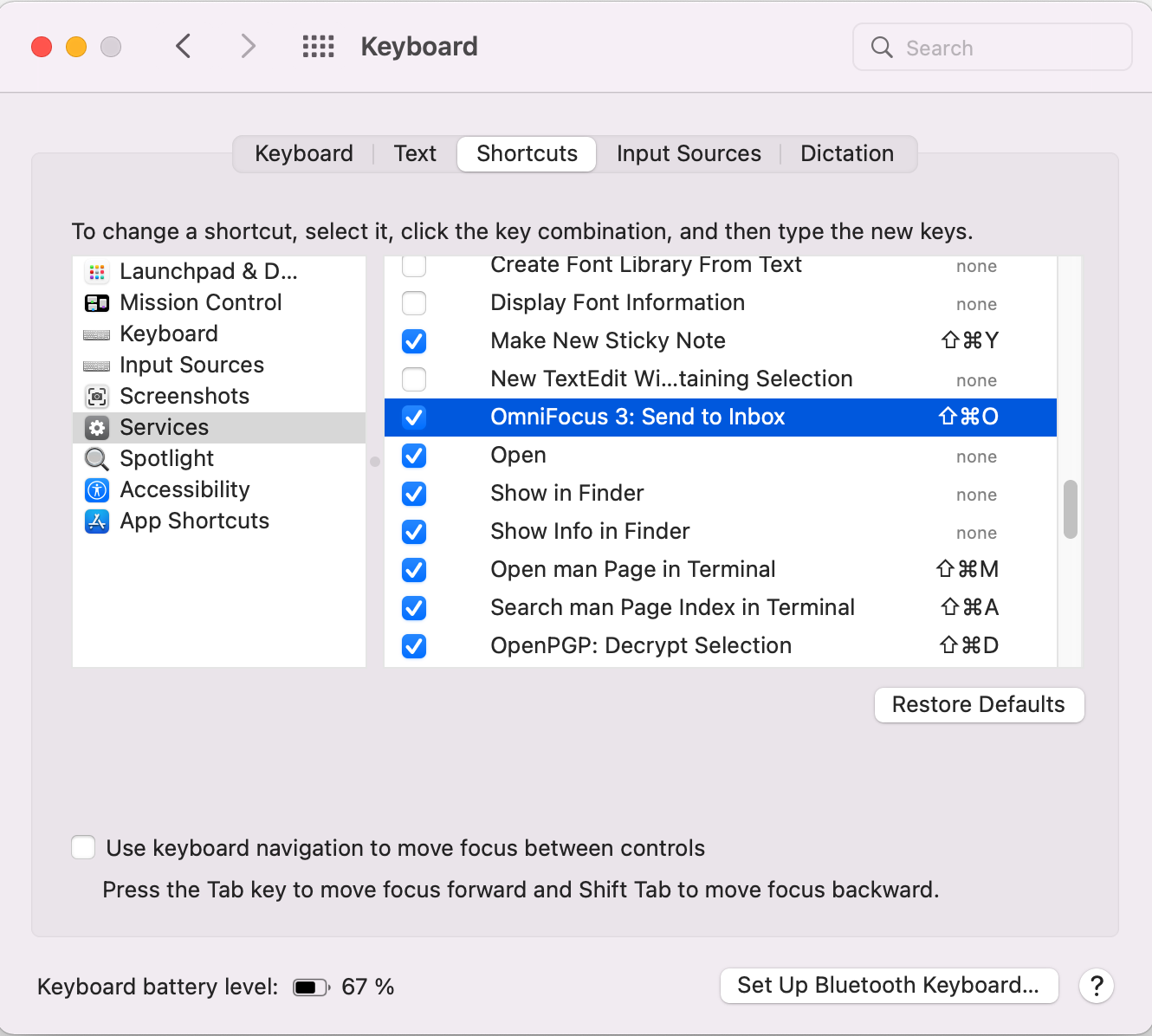 OF3 keyboard shortcut setup