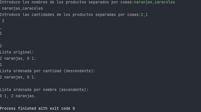 naranjas,caracoles | 2,1 | salida: 2 naranjas, 0 1.
