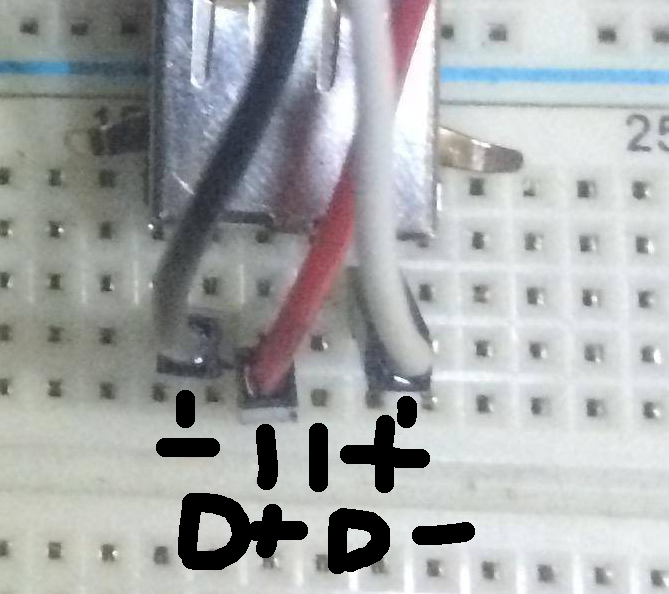 A close up picture of part of the Qustioner's picture of their hardware - showing the connections made to a USB A connector plugged into a breadboard