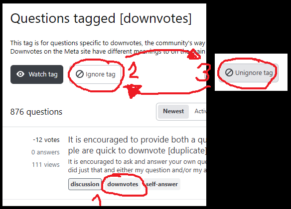 screenshot of questions listed for a tag with ignore tag button