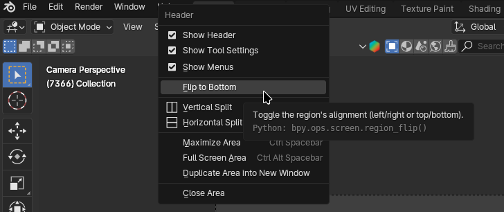 The editor header right-click menu