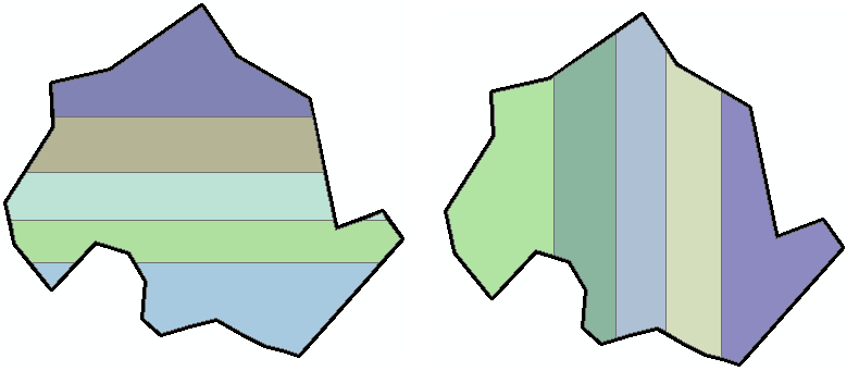 The illustration of the polygon subdivision (West-East to the left, North-South to the right).