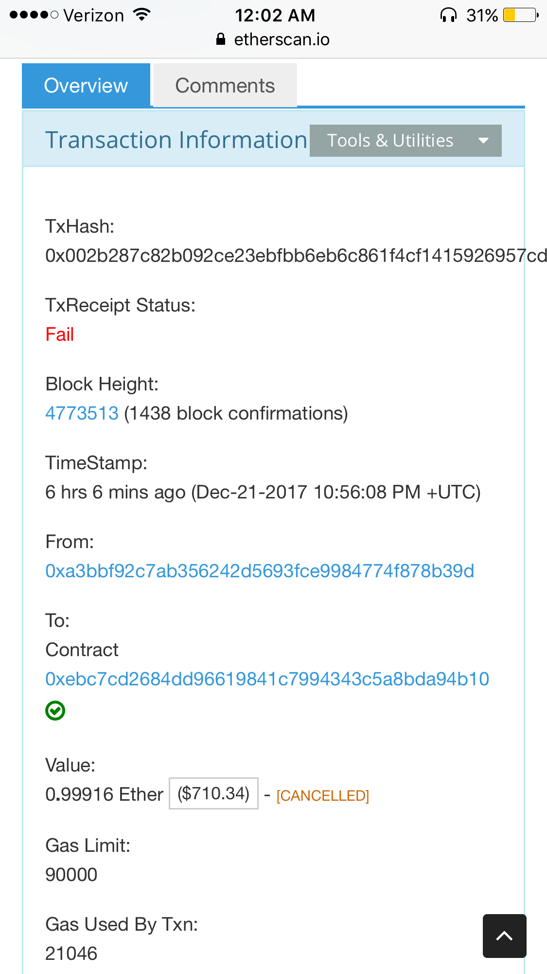 TX Receipt Failed, Value cancelled?