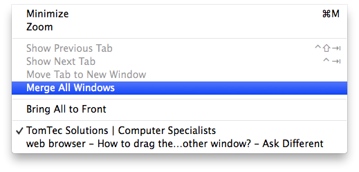 screenshot of Window menu in Safari