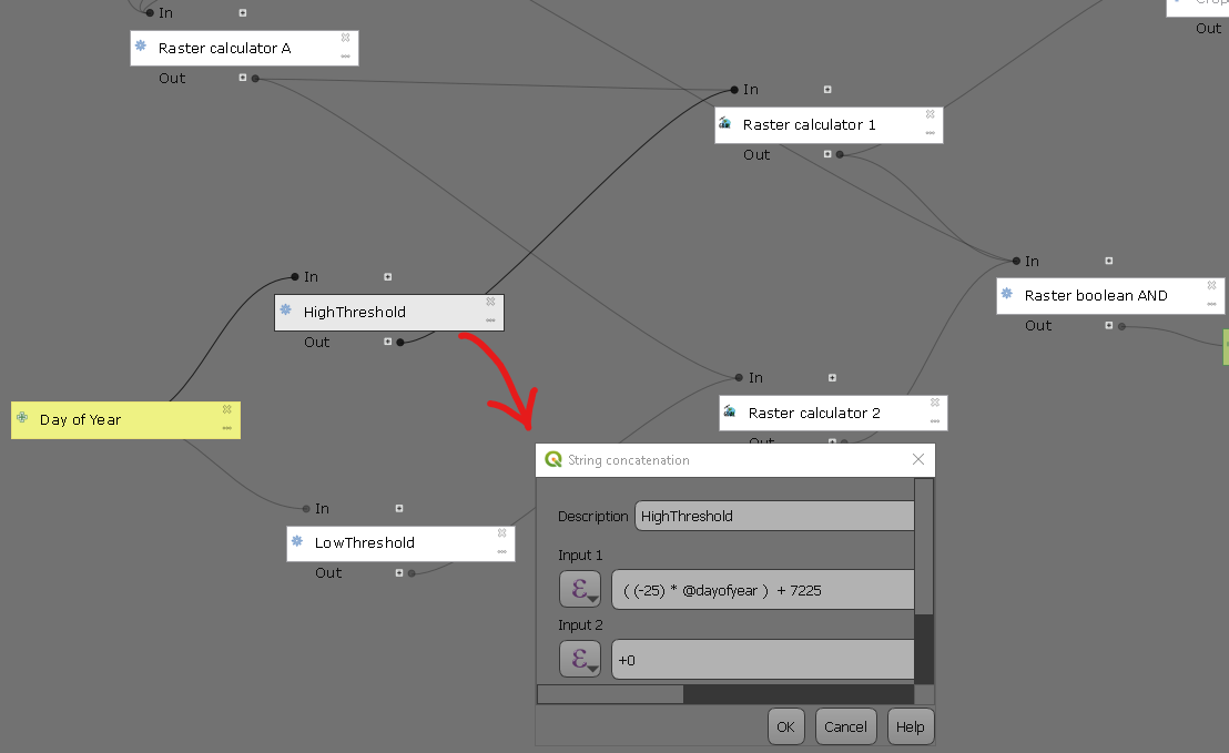 Threshold set using String concatenation, the output will be used in GDAL Raster Calculator