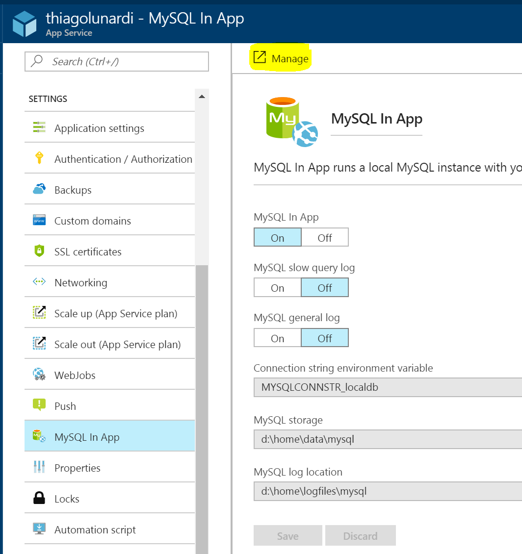 Azure WebApp - MySQL In App - MySQL Manage