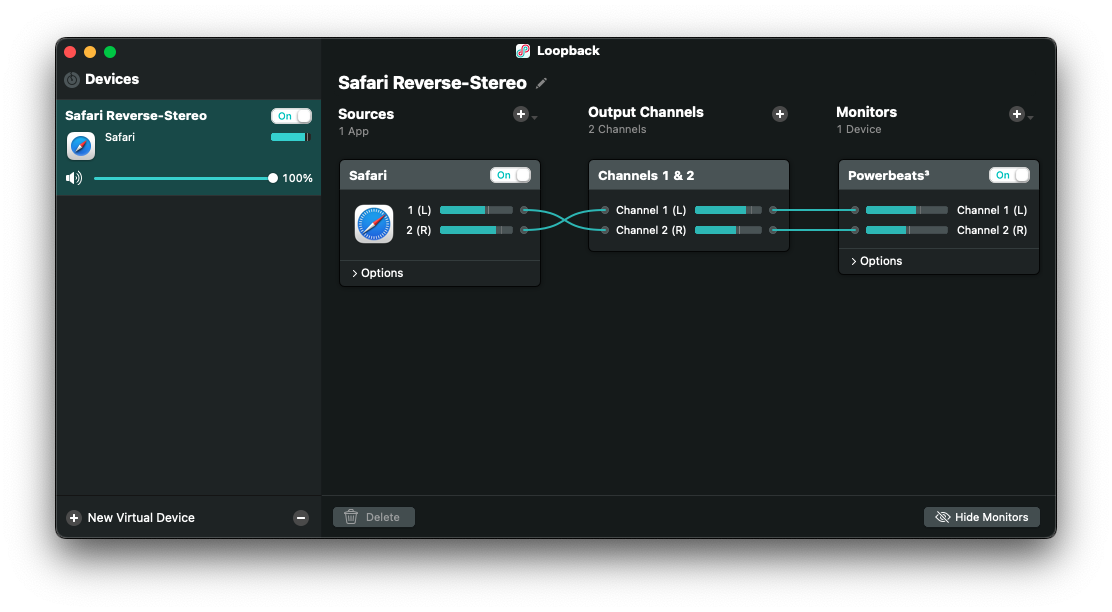 screenshot of Rogue Amoeba app "Loopback", showing one possible routing. All audio from Safari is virtually wired L to R, and R to L, for reverse stereo sound to a subsequent bluetooth output