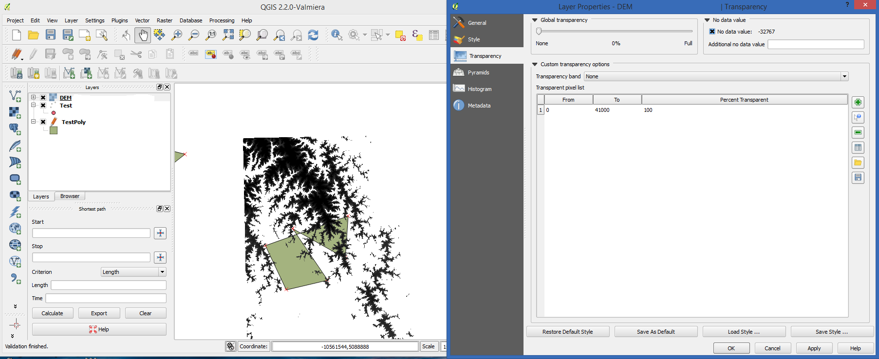 This image shows a DEM on top of a vector layer with a range of transparent values.