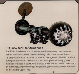 Scan of the TT-8L Gatekeeper section from Star Wars: Droidography showing the droids stalk and eye and quoted above