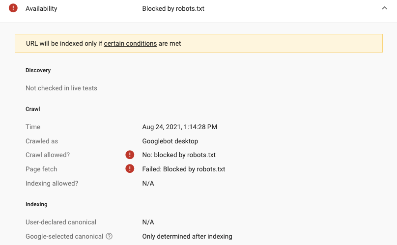 Google Search Console URL Inspection Tool showing that a page is blocked by robots.txt