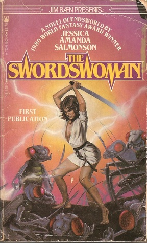 Front cover of The Swordswoman with her in the short kimono wielding a single sword against the bugs