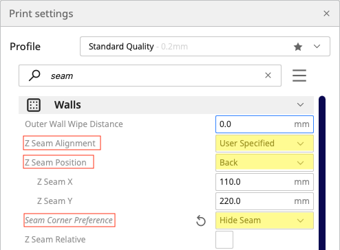 Screenshot of Cura settings for 'seam'