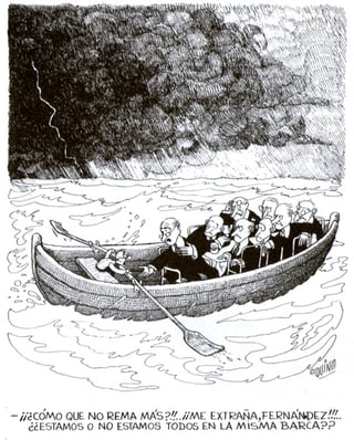 Illustration of one person rowing a boat filled with people