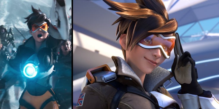 screenshots/stils from Overwatch and Ready Player One, side by side