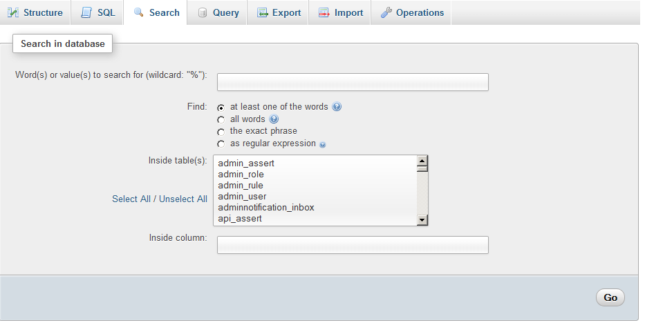 phpMyAdmin Database Search tab