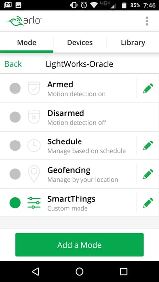 Setting the Arlo mode to SmartThings for recording