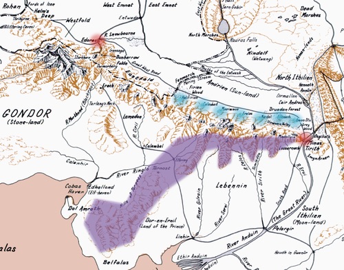 A map of Gondor and the southeastern part of Rohan, with the White Mountains cutting through the middle.  Seven blue blobs highlight the hills where the beacons were situated.