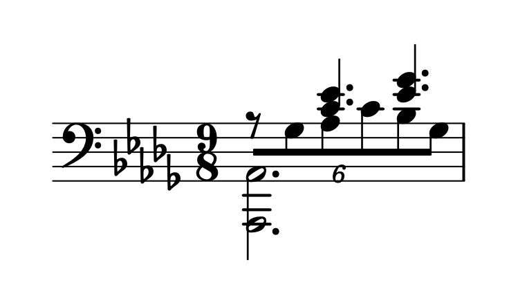 The beamed extending under the rest, shortened stems on the tuplet, tuplet bracket absent.