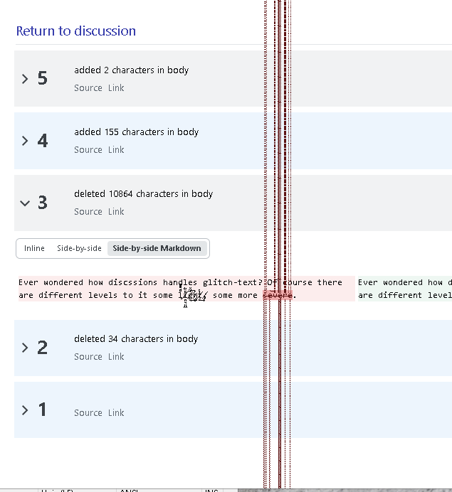 Screenshot of the sandbox-reply's revision history with the glitcht-text across the entire page