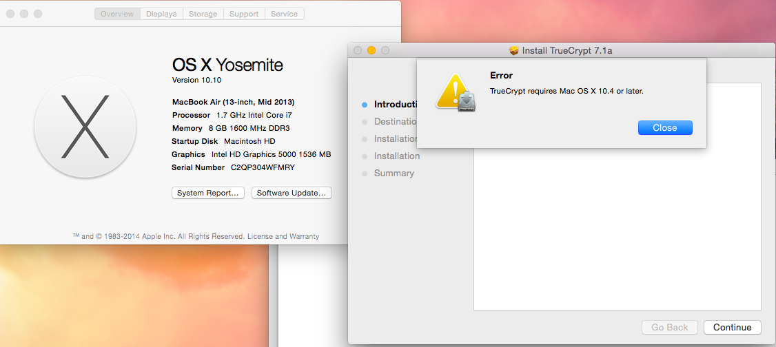 truecrypt 7.1a requires  Mac OS X 10.4 or later on Yosemite 10.10