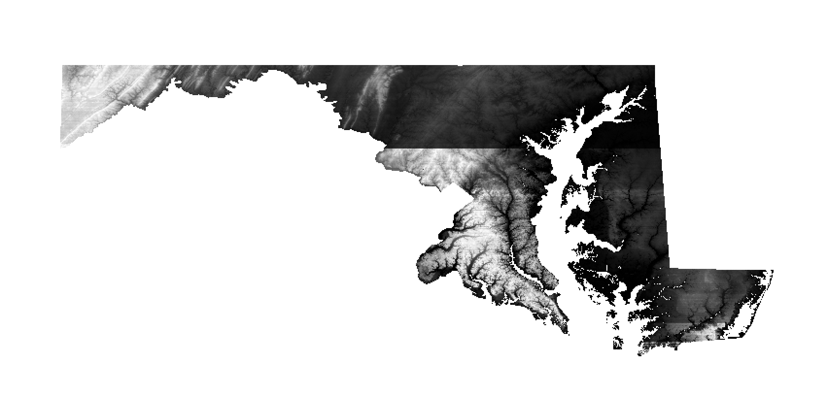 Output elevation raster of clipped area. Raster shows some banding and inconsistent values in areas of the raster