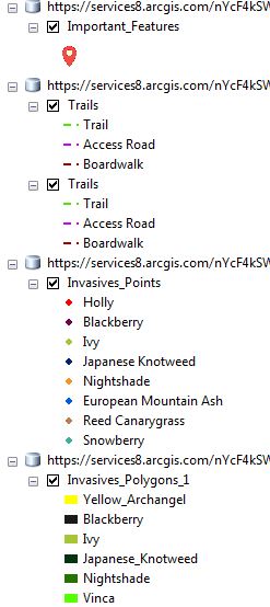 Map layers as loaded from ArcGIS online, appear as several GDB's