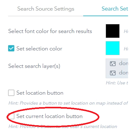 search settings tab, current location button highlighted