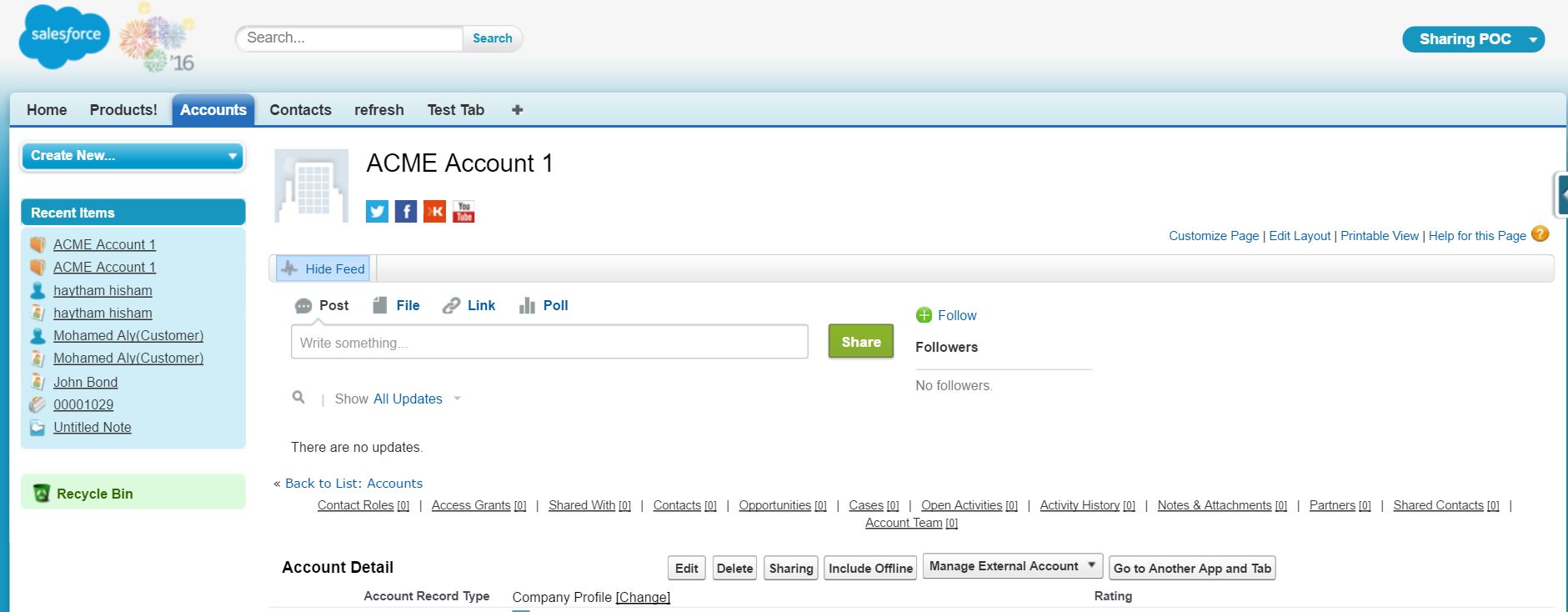 The Accounts Page with Button