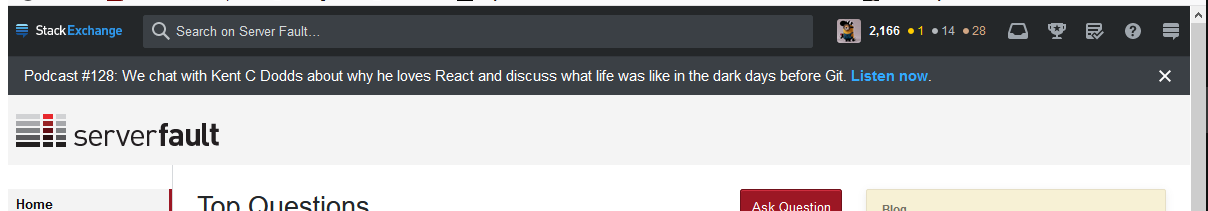 Server Fault top bar with podcast announcement