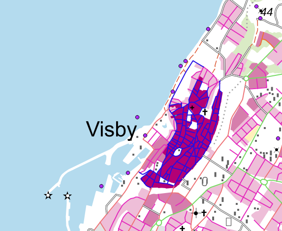 Again, Arial 32pt. The point is at the top right of text "Visby", and QGIS has added some space between the typeface and the point.