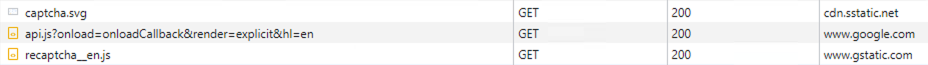 Screenshot of Chrome developer tools showing that www.google.com and www.gstatic.com are being used for the captcha.