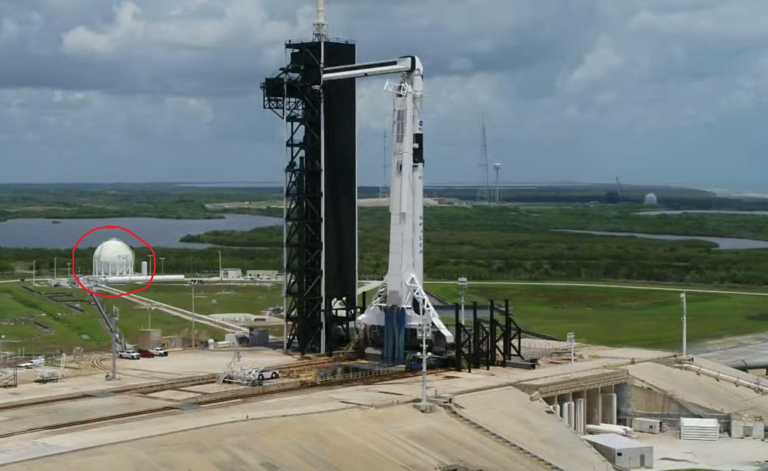 KSC LC-39A with Crew Dragon Demo-2 and highlighted ball-shaped storage tank