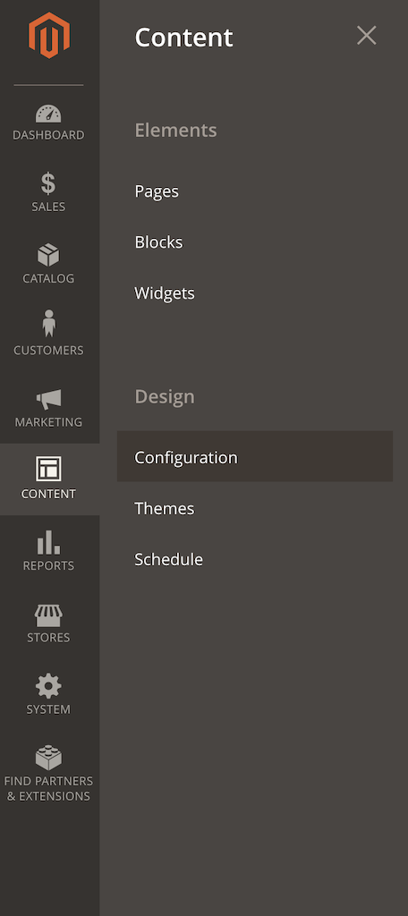 <code>CONTENT > Configuration</code> menu