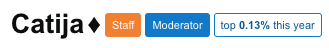 screenshot of labels on profile for Catija - including an orange "Staff" label and blue "Moderator" label. 