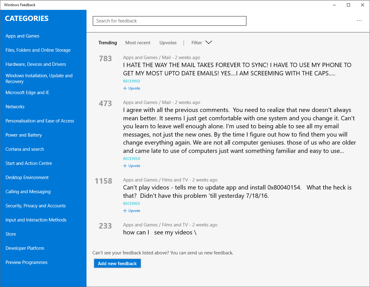 Screenshot of Windows feedback