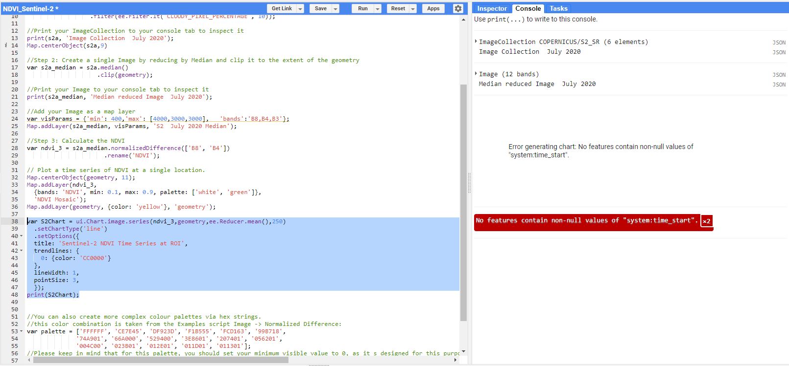 Screenshot of code and error