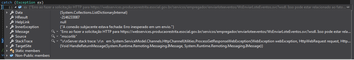 Imagem da Exception no visual studio