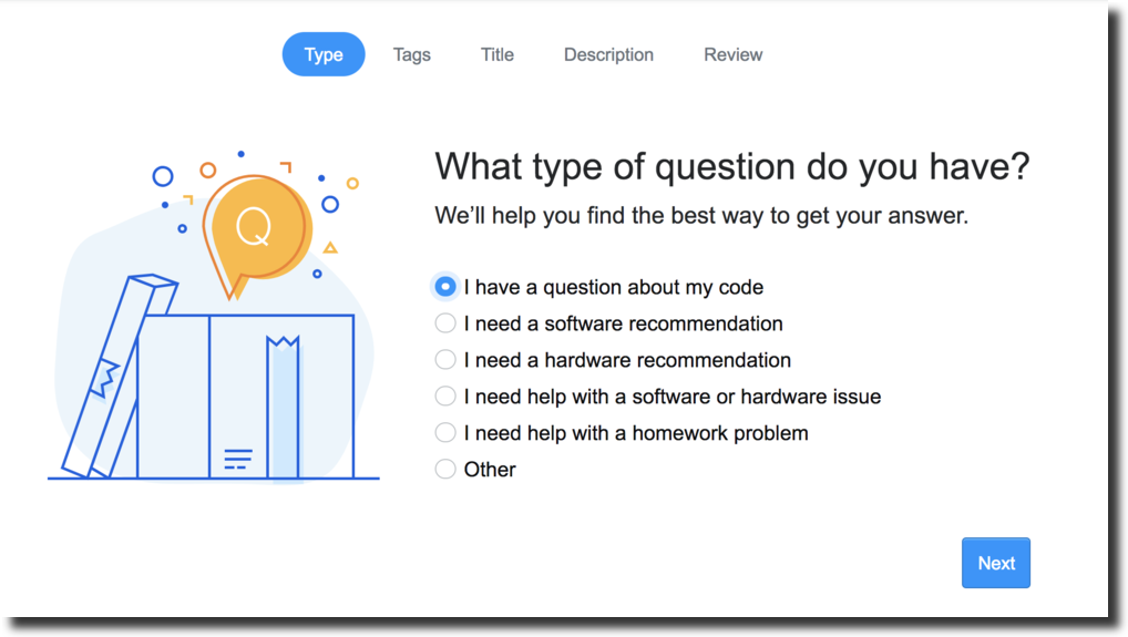 Screenshot of "what type of question do you have" page