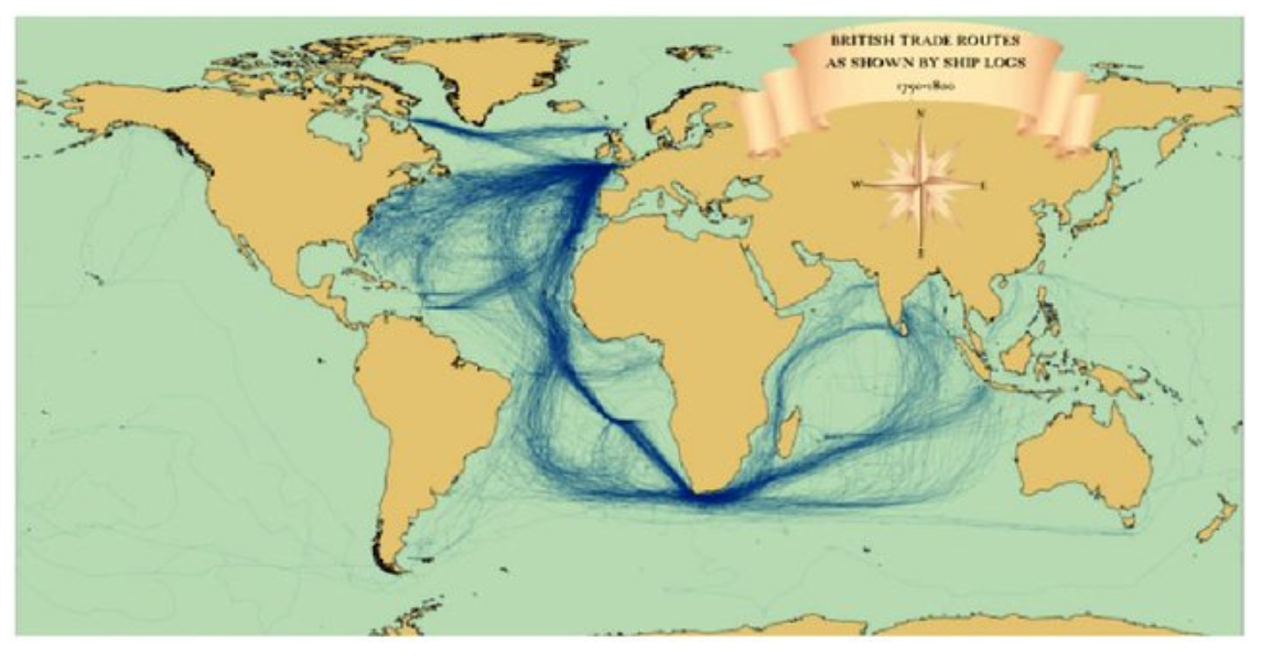  British trade routes as shown by ship logs between 1750 and 1800. 