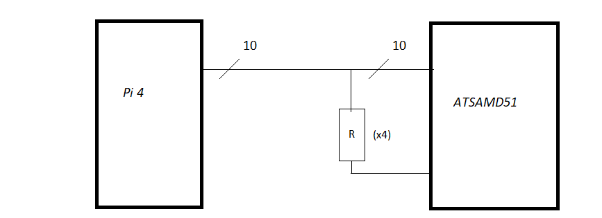 The circuit from above, with resistors protecting the SPI inputs