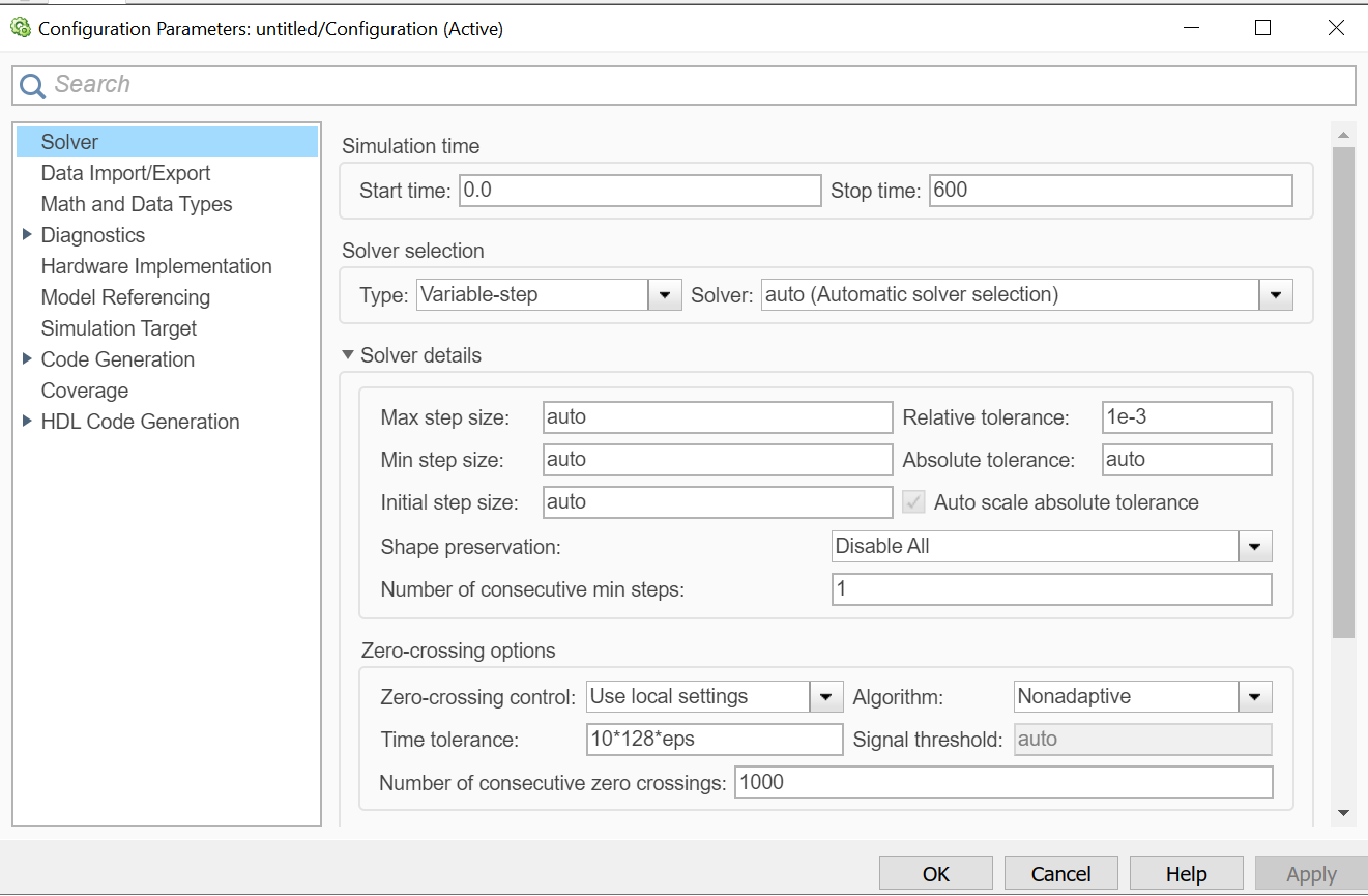 solver settings matlab