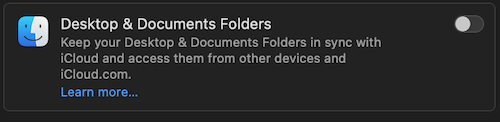 Screenshot of "Desktop & Documents Folders" option, shown disabled