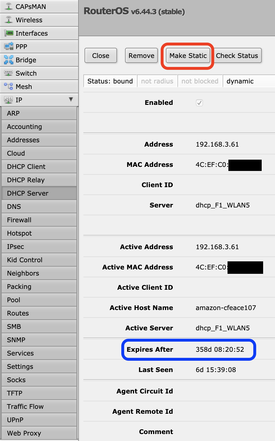 Making static DHCP reservations in a Mikrotik