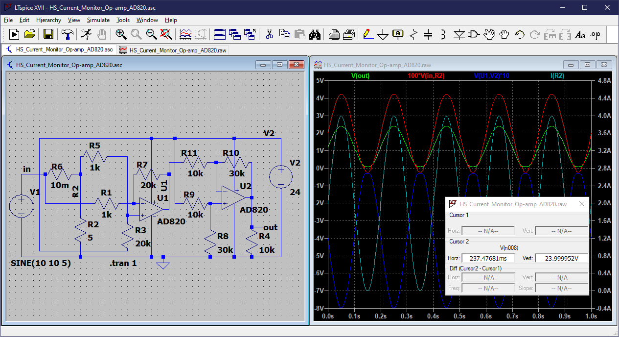 High Side Current Monitor with two AD820 Op-amps