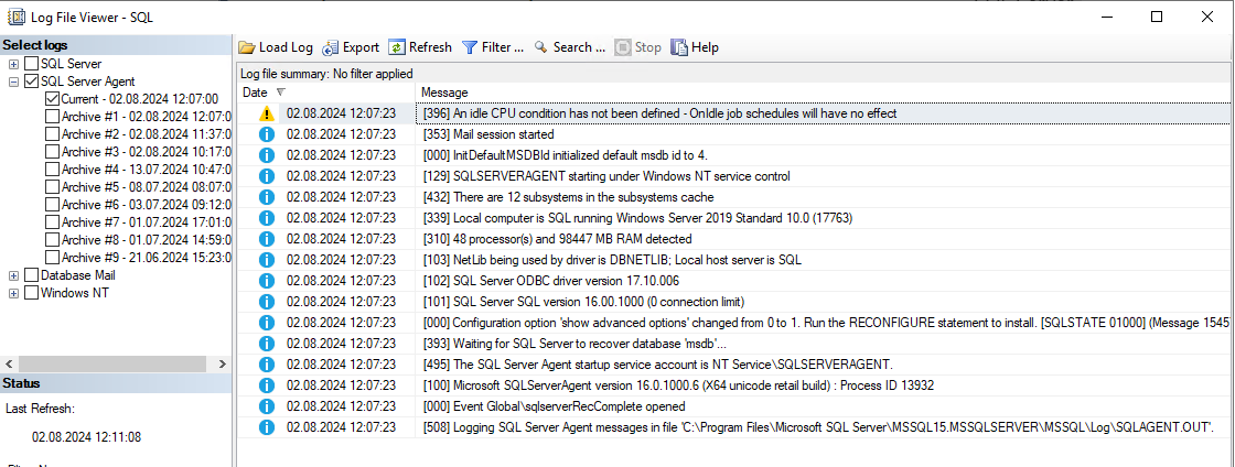 SQL Server Agent warning log Message